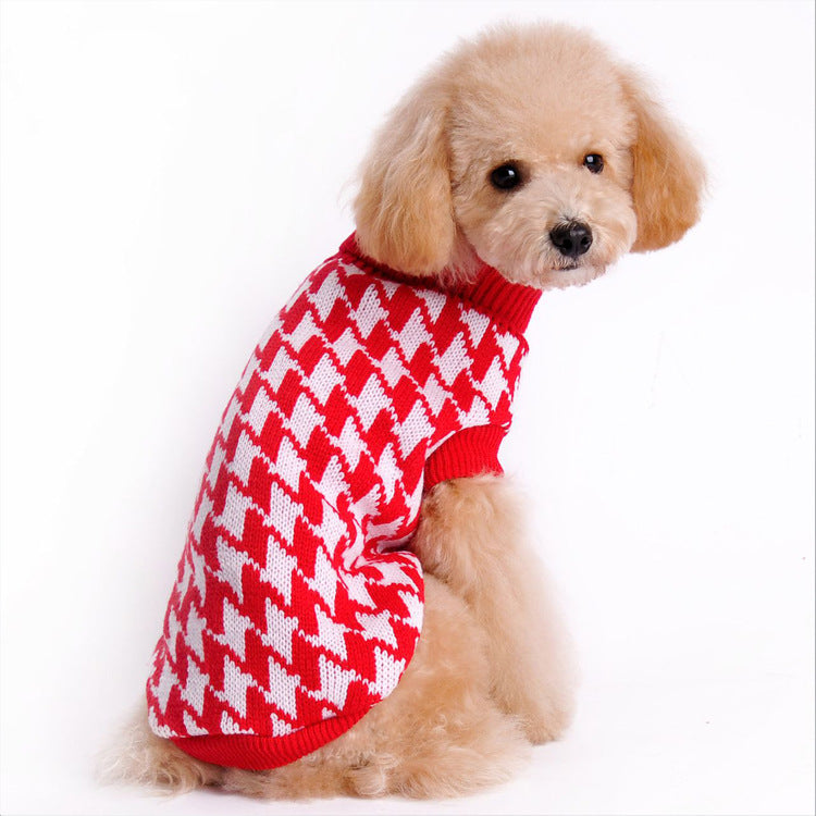 High Quality Simple Dog Sweater Reverse Collar Houndstooth Wool Pet Sweater Classic Pet Clothes