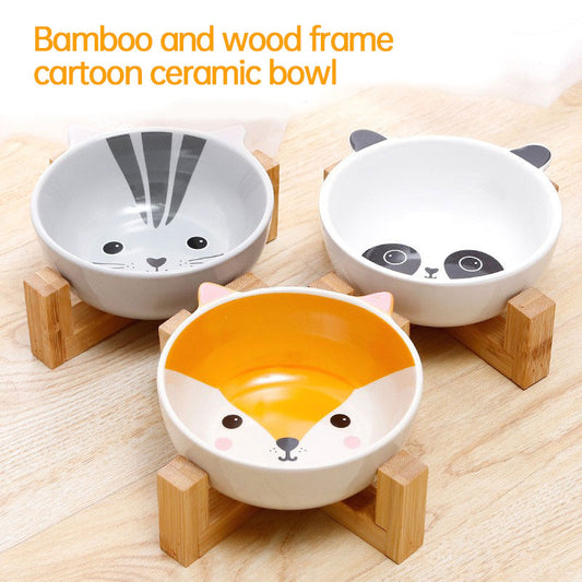 Double Ear Cartoon Ceramic Pet Bowl Bamboo Wooden Frame Matching Neck Bowl Dog Bowl Ceramic Cat Bowl