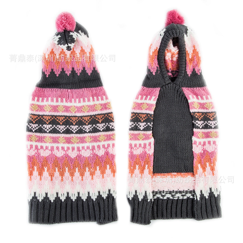 Winter New High Quality Pet Clothes With Hood Small Ball Ethnic Style Snowflake Sweater Pet Dog Clothes