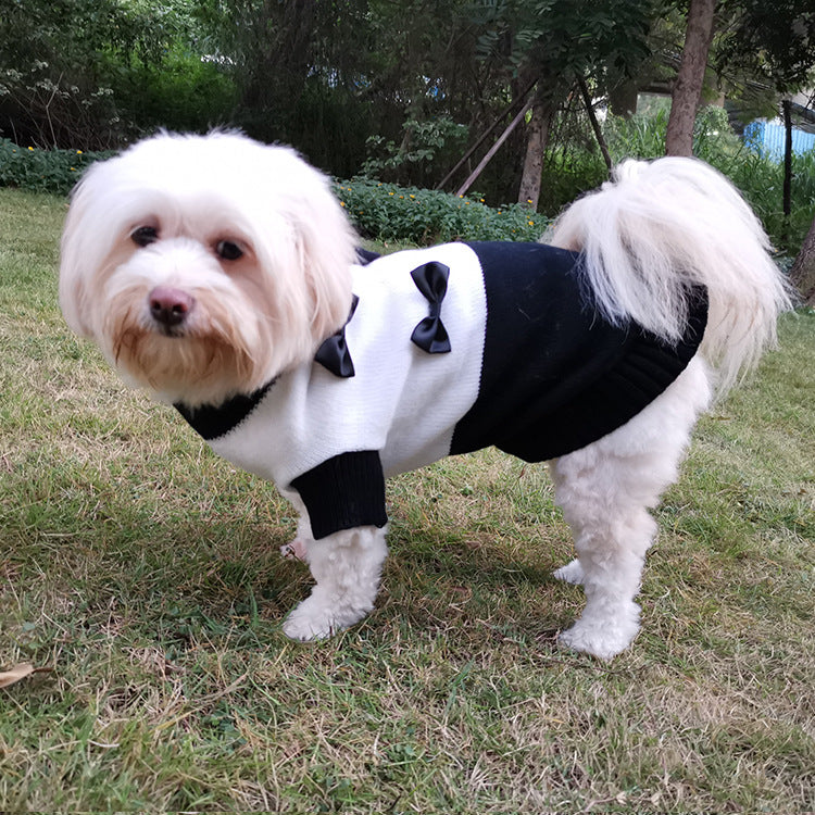 New High Quality Pet Clothes Black And White Bow Sweater Teddy Bear Pet Puppy Clothes