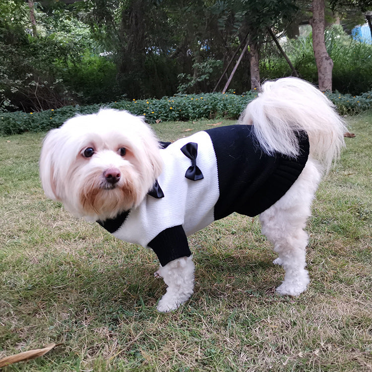 New High Quality Pet Clothes Black And White Bow Sweater Teddy Bear Pet Puppy Clothes