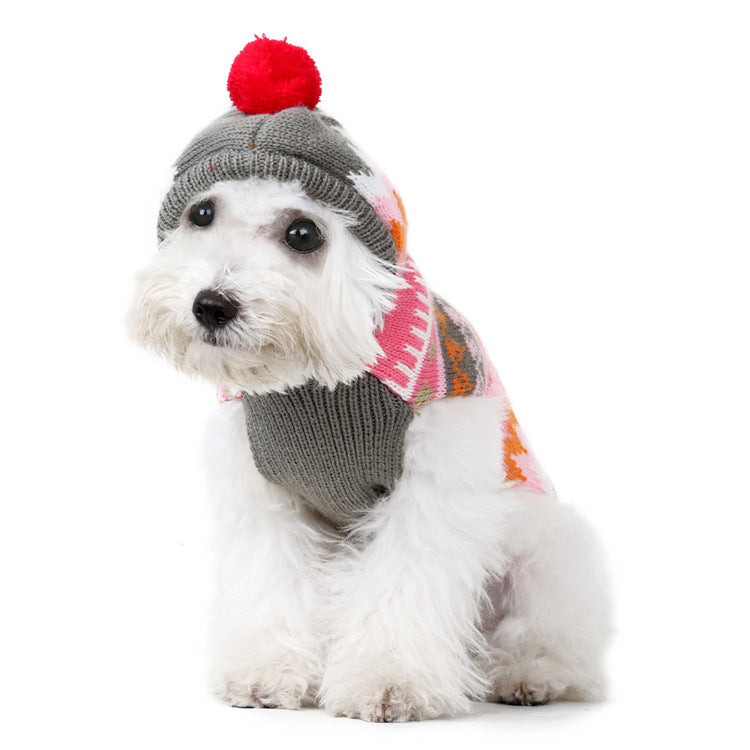 Winter New High Quality Pet Clothes With Hood Small Ball Ethnic Style Snowflake Sweater Pet Dog Clothes