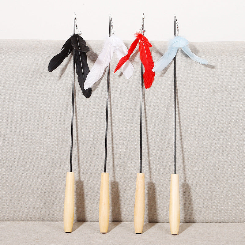 New Pet Products Wood Handle Carbon Fiber Rod Two Section Telescopic Cat Stick Monochrome Feather Bell Cat Toy