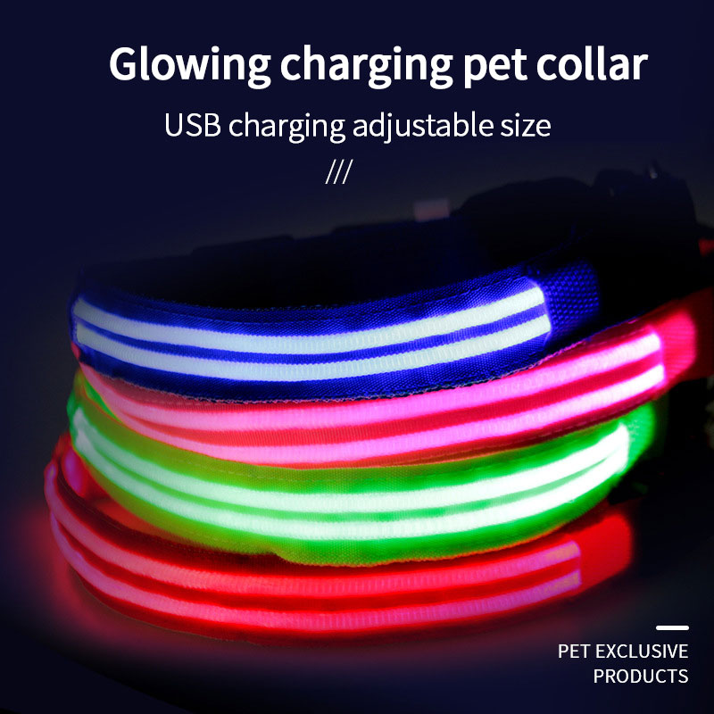 LED Light-Emitting Collar With Dual Fiber Optic Glow-In-The-Dark Collar Pet Built-In Rechargeable Battery With USB Cable