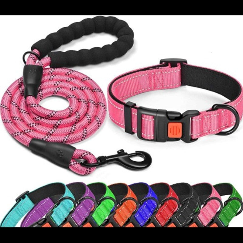 Pet Dog Collar Leash Traction Rope With Adjustable Reflective Nylon Webbing Dog Collar Set