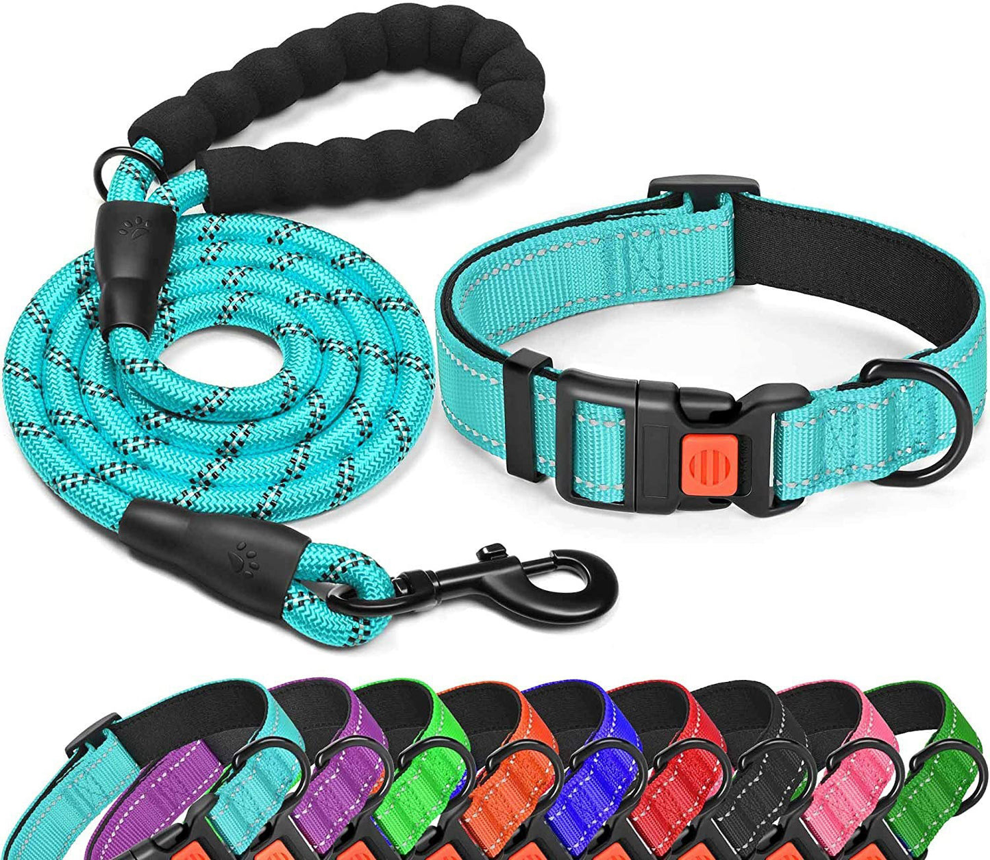 Pet Dog Collar Leash Traction Rope With Adjustable Reflective Nylon Webbing Dog Collar Set