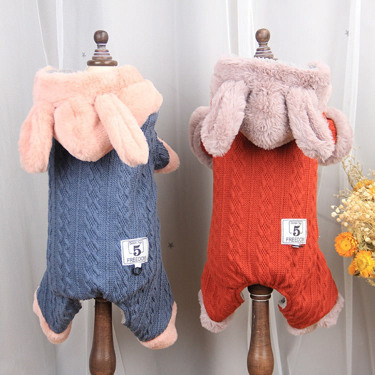 New Pet Dog Clothes Knitted Rabbit Ears Four Legged Thickened Cotton Clothes Small and Medium Dog Cute Dog Clothes