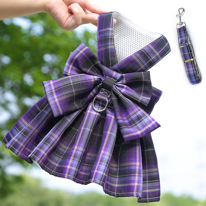 Pet Dog Cat Plaid Tank Top Traction Clothes Teddy Going Out Skirt Chest Belt Walking Dog Rope Supplies