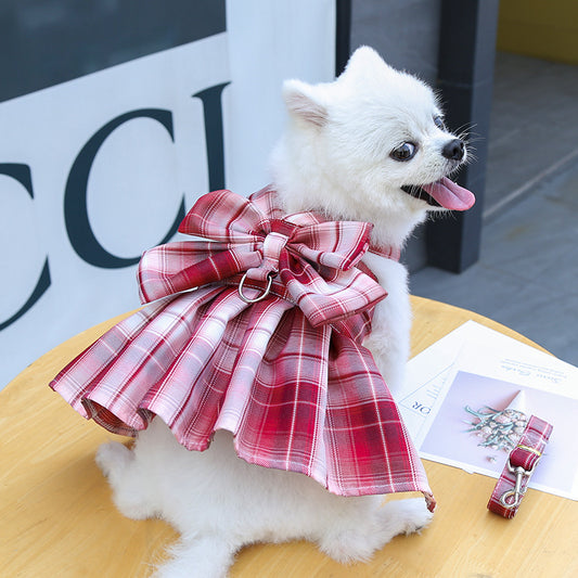 Pet Dog Cat Plaid Tank Top Traction Clothes Teddy Going Out Skirt Chest Belt Walking Dog Rope Supplies