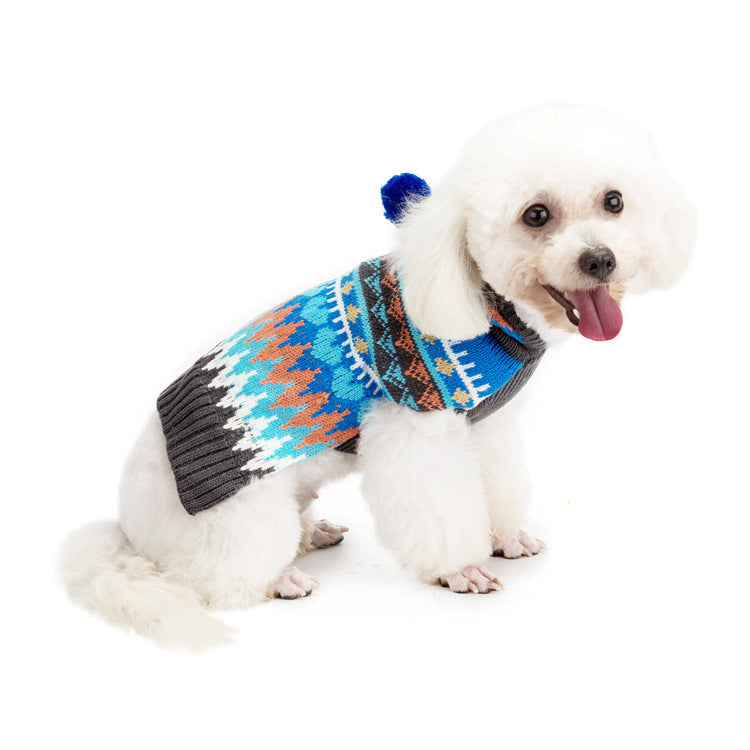 Winter New High Quality Pet Clothes With Hood Small Ball Ethnic Style Snowflake Sweater Pet Dog Clothes