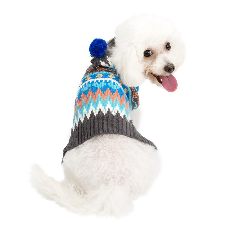 Winter New High Quality Pet Clothes With Hood Small Ball Ethnic Style Snowflake Sweater Pet Dog Clothes