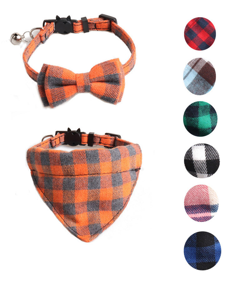 New Plaid British Two-Piece Bow Tie Cat Collar Triangle Scarf Set