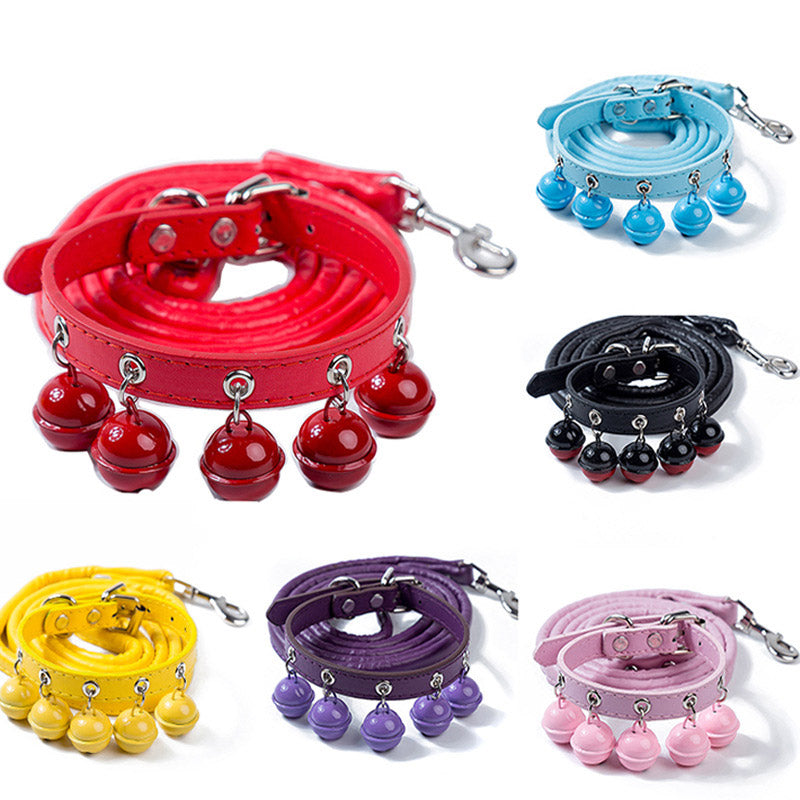 Cute Solid Bell Collar Cat Accessories Teddy Pet Bell Collar Traction Rope Set